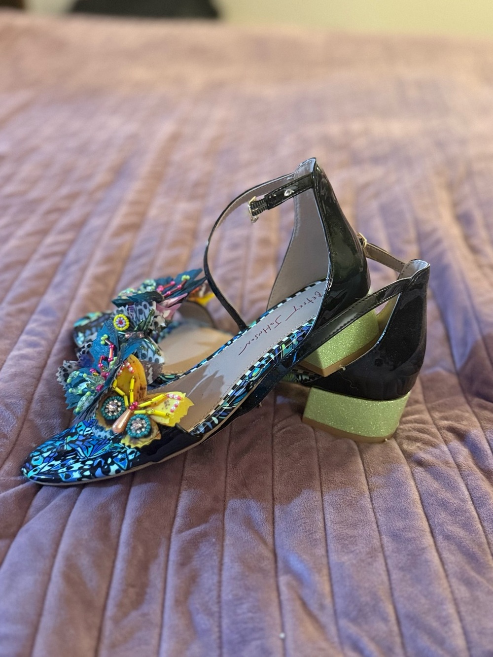 Betsey Johnson Blue Floral Beaded Ankle-Strap Sandals - Picture 2 of 5
